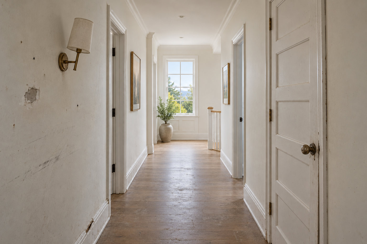 A hallway before the fix list: scuffed walls, crooked sconce