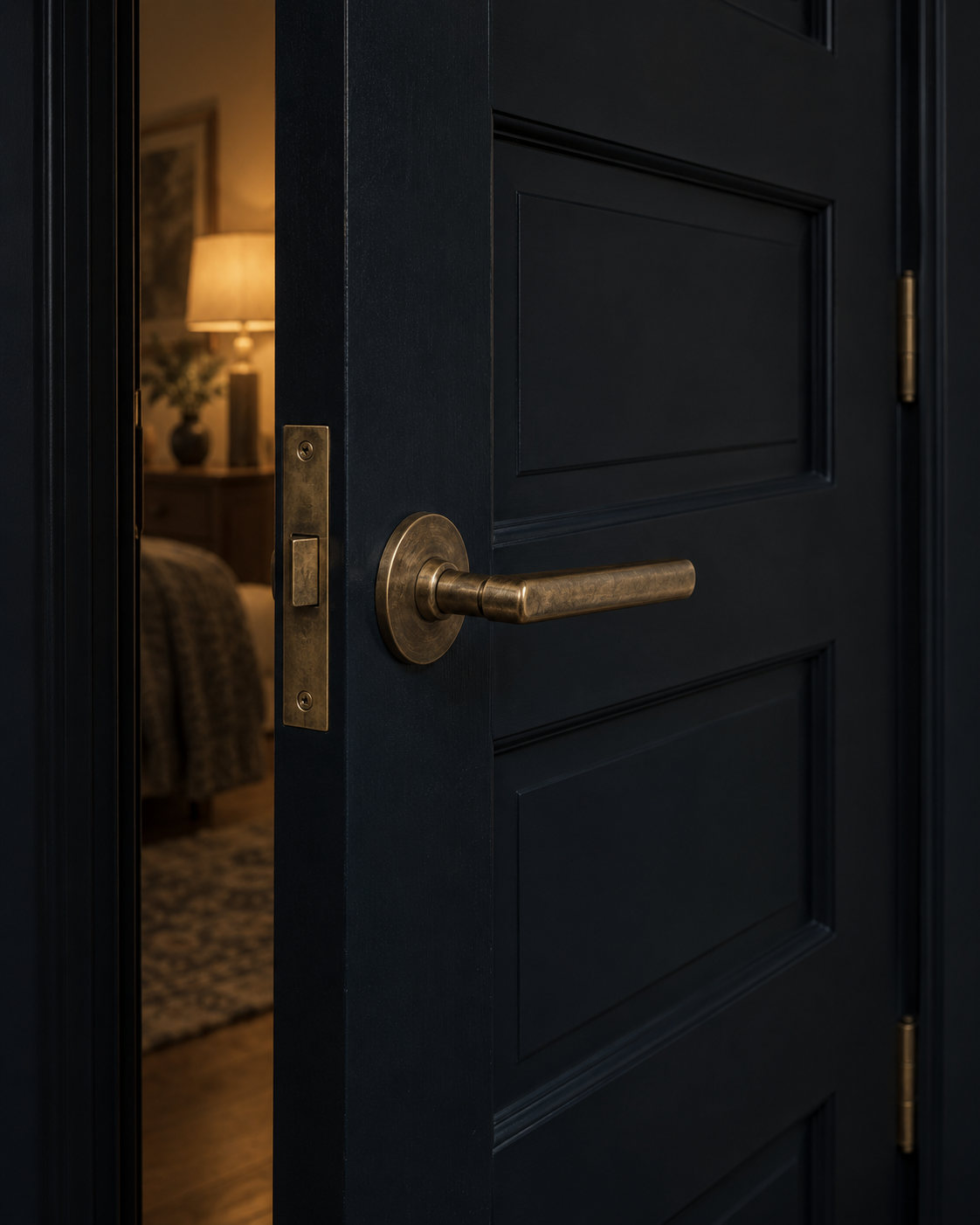 A dark paneled door with a brass lever