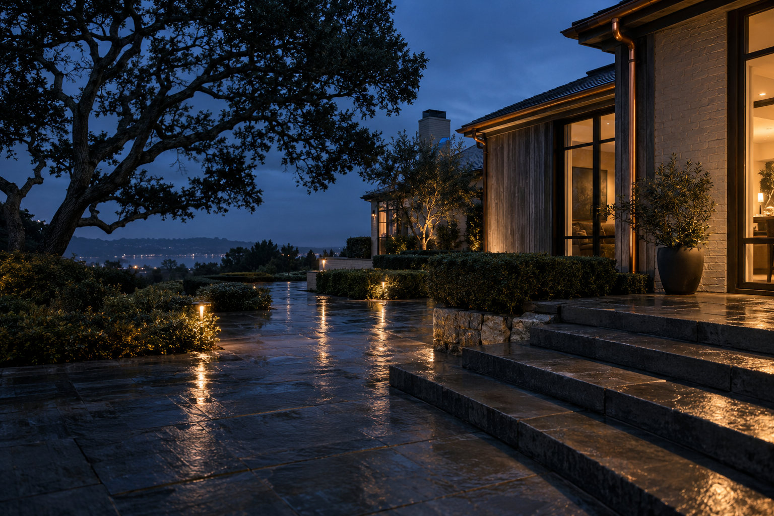 Stone steps and path lights at dusk