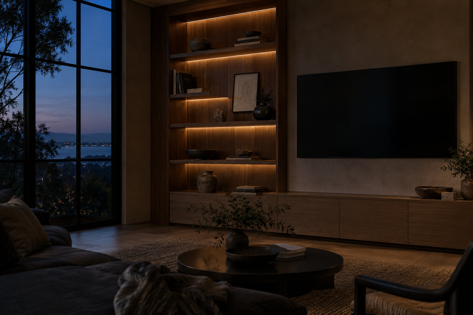 Built-in shelves with soft lighting