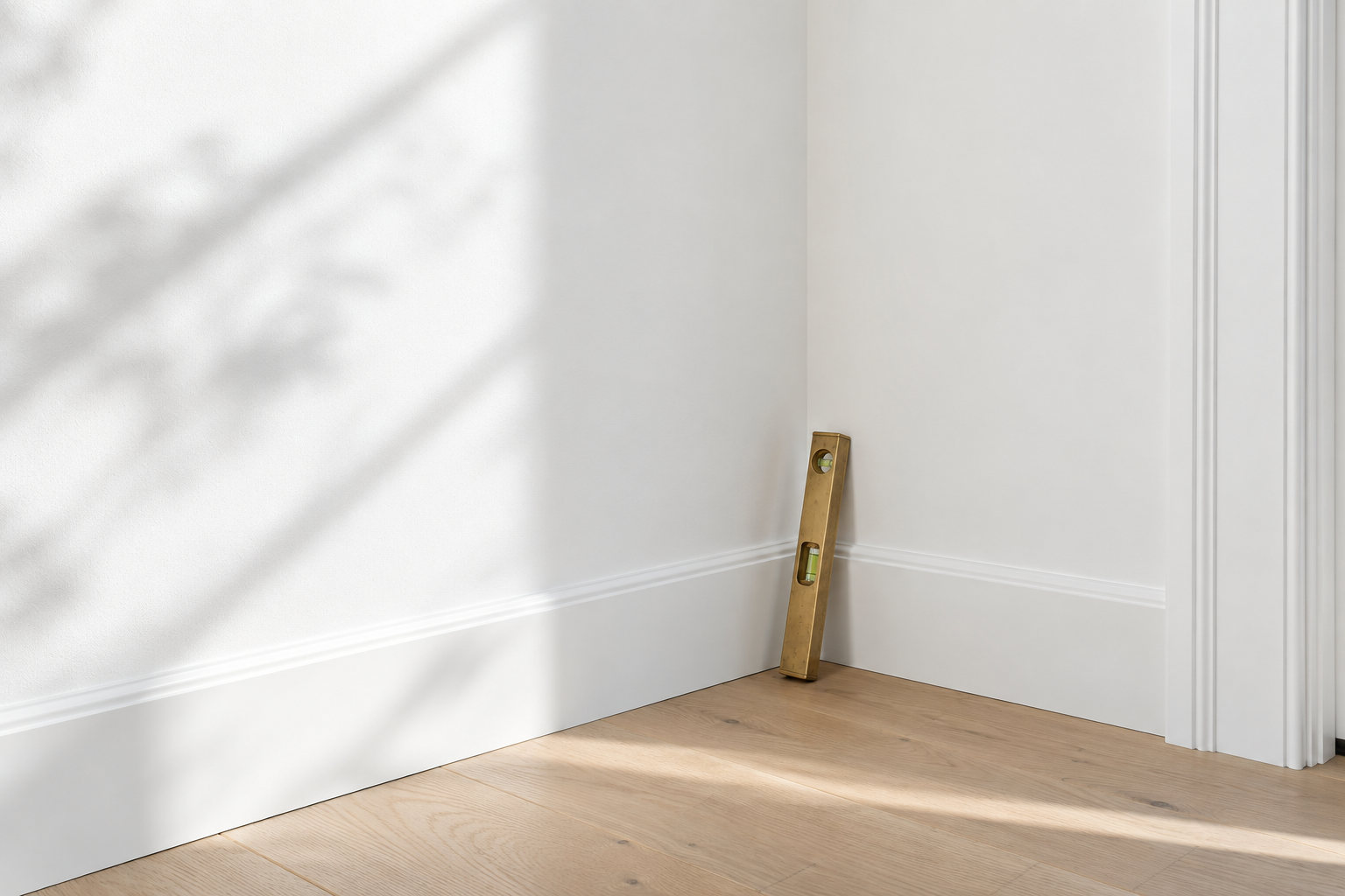 A clean white wall and baseboard