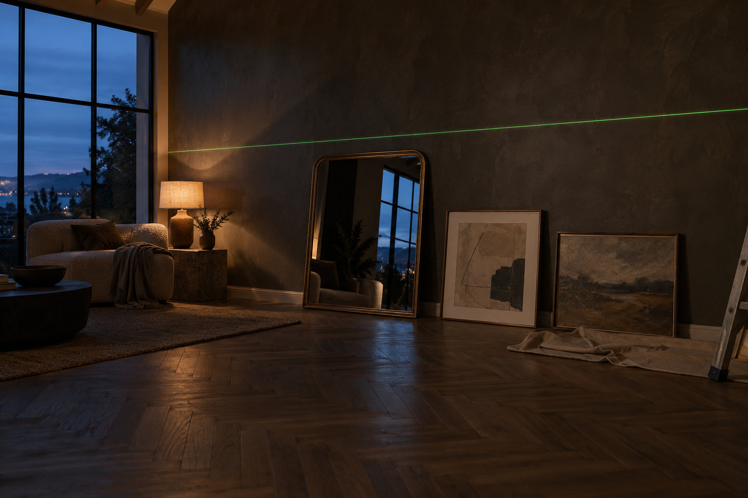 A laser level line across a wall with art waiting to be hung